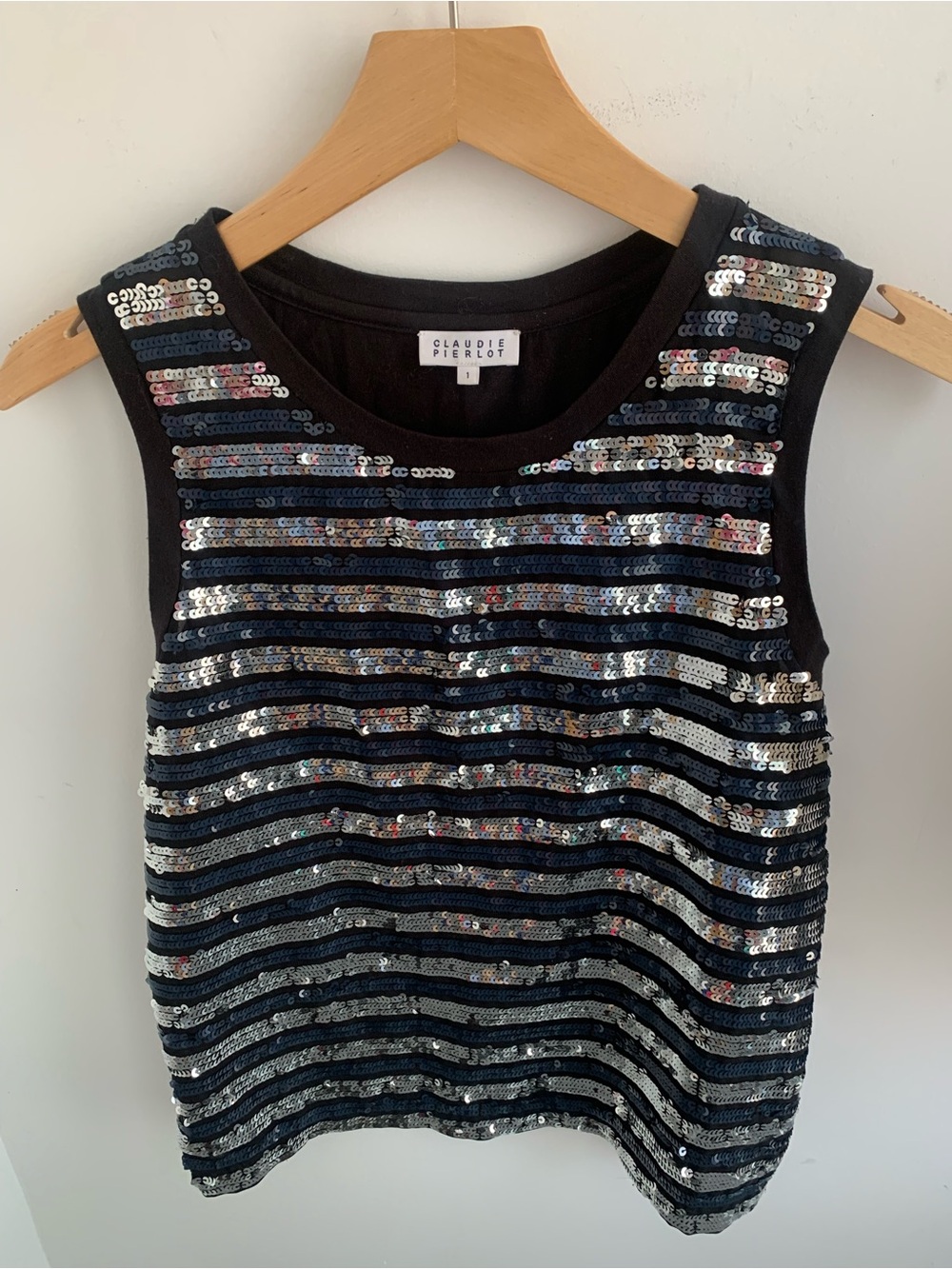 Claudie Pierlot Black Sequin Stripe Sleeveless Tank
